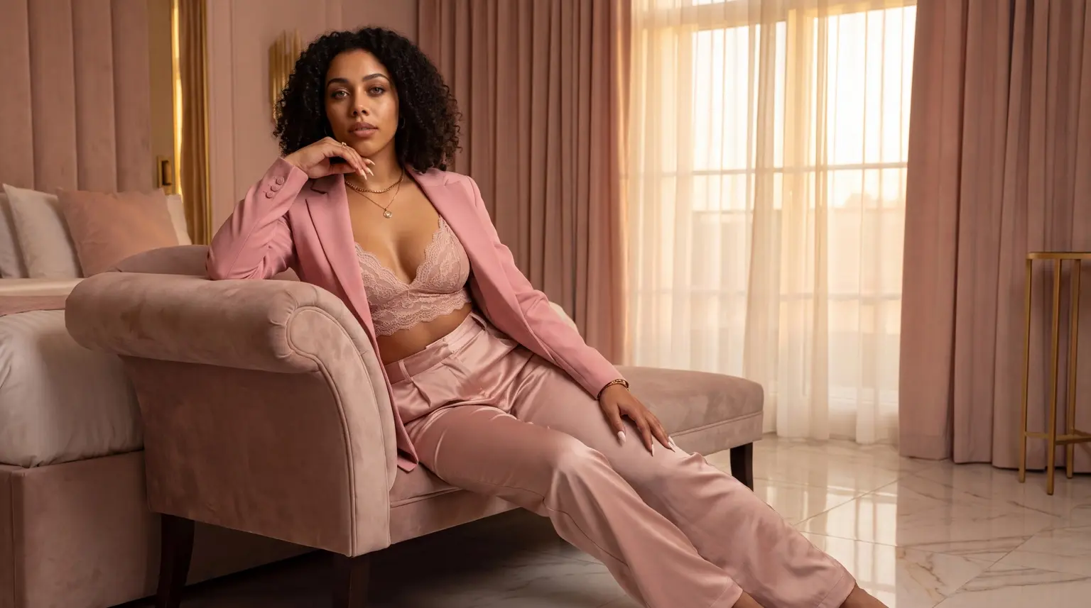 Woman wearing a blush pink suit and lace top in a softly lit interior